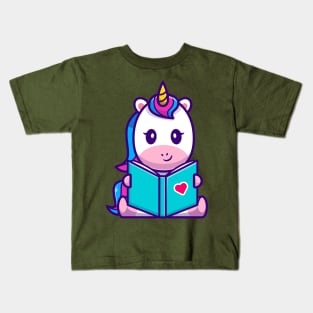 Cute Unicorn Reading Book Cartoon Kids T-Shirt